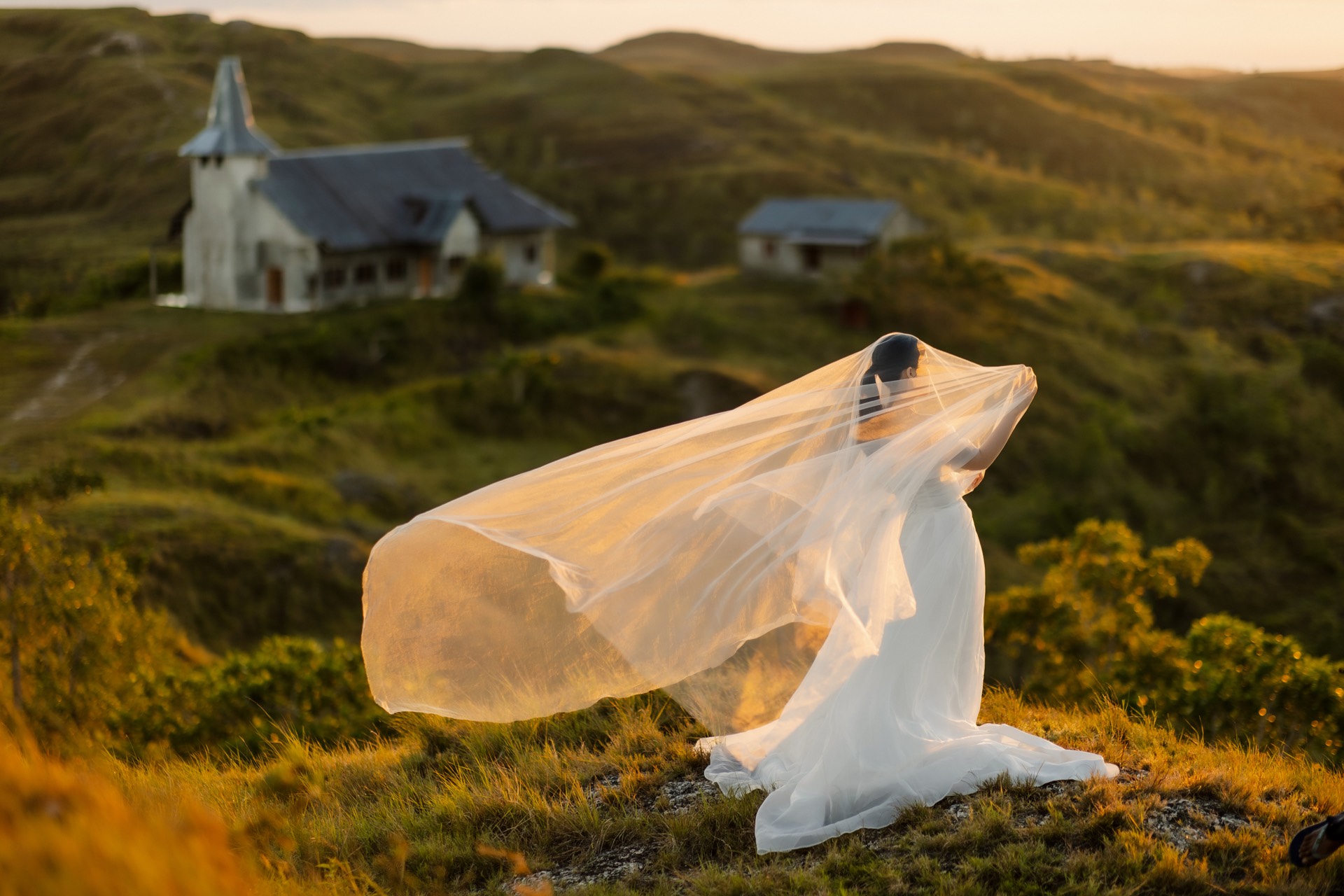Feli standing on a golden hill as her veil sweeps toward a distant chapel