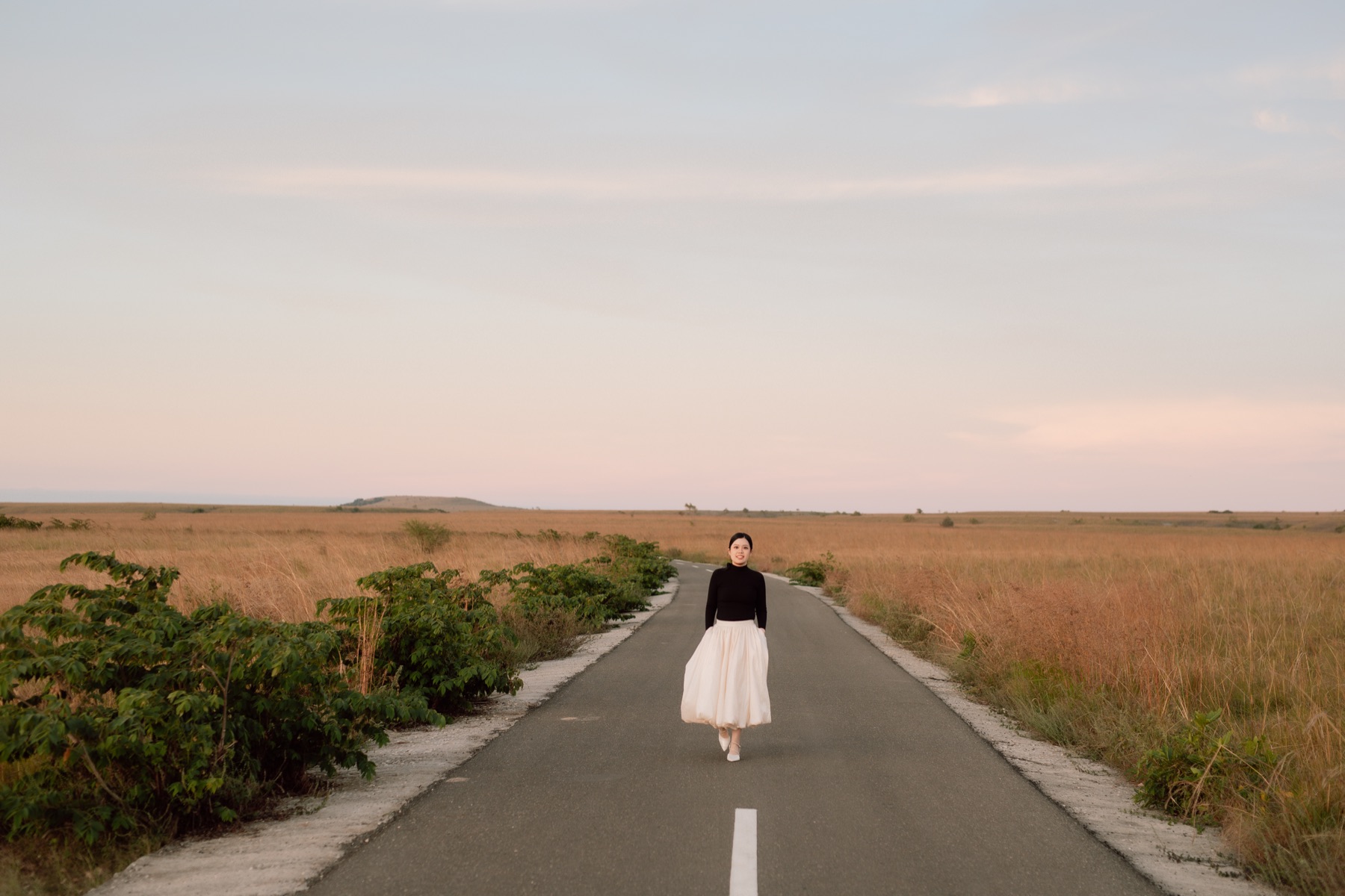 Feli standing alone on a quiet road stretching through golden fields