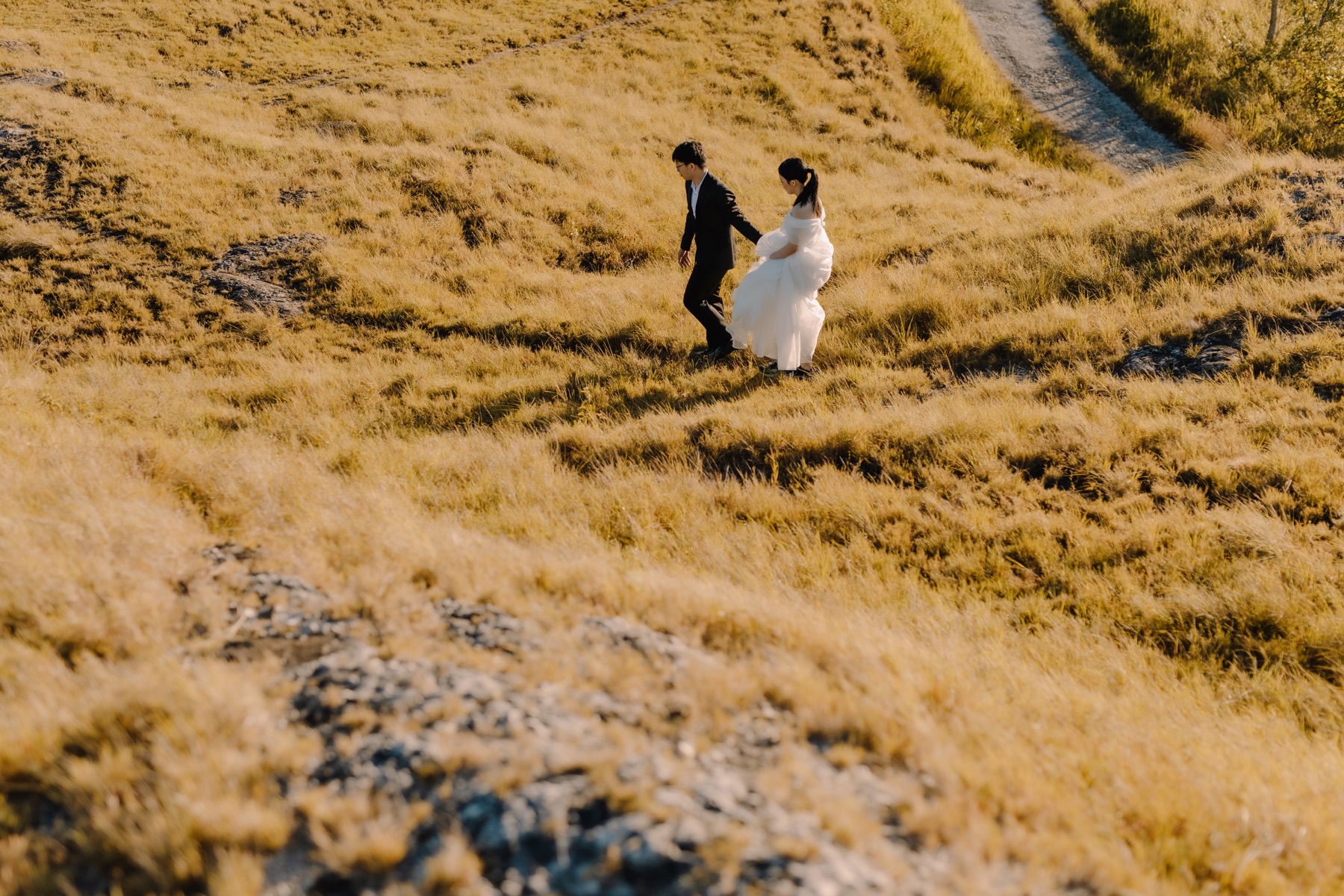 Rey helping Feli walk across a sweeping golden hillside